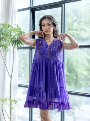  Đầm Sát Nách Thêu Kết Cườm Phối Ren Cao Cấp Cotton Isla Bonita 
