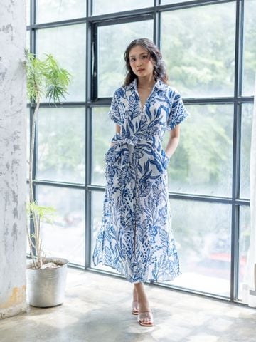  Maxi Sơ Mi Hoa Xanh Cotton Cao Cấp Isla Bonita 
