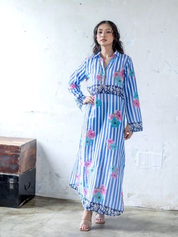  Maxi Sọc Hoa Kết Hạt Viền Cổ Cotton Isla Bonita 