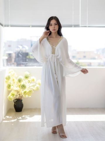  Maxi Kimono Cleopatra Trắng Kết Hạt Cotton Isla Bonita 