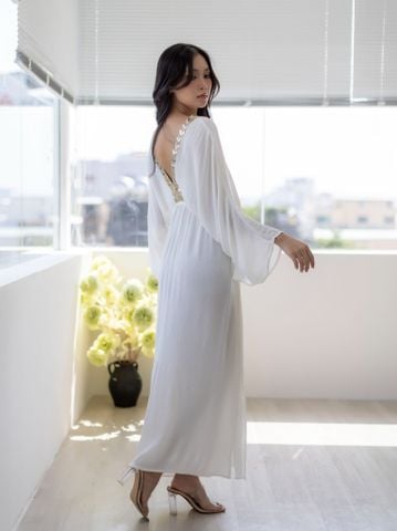  Maxi Kimono Cleopatra Trắng Kết Hạt Cotton Isla Bonita 