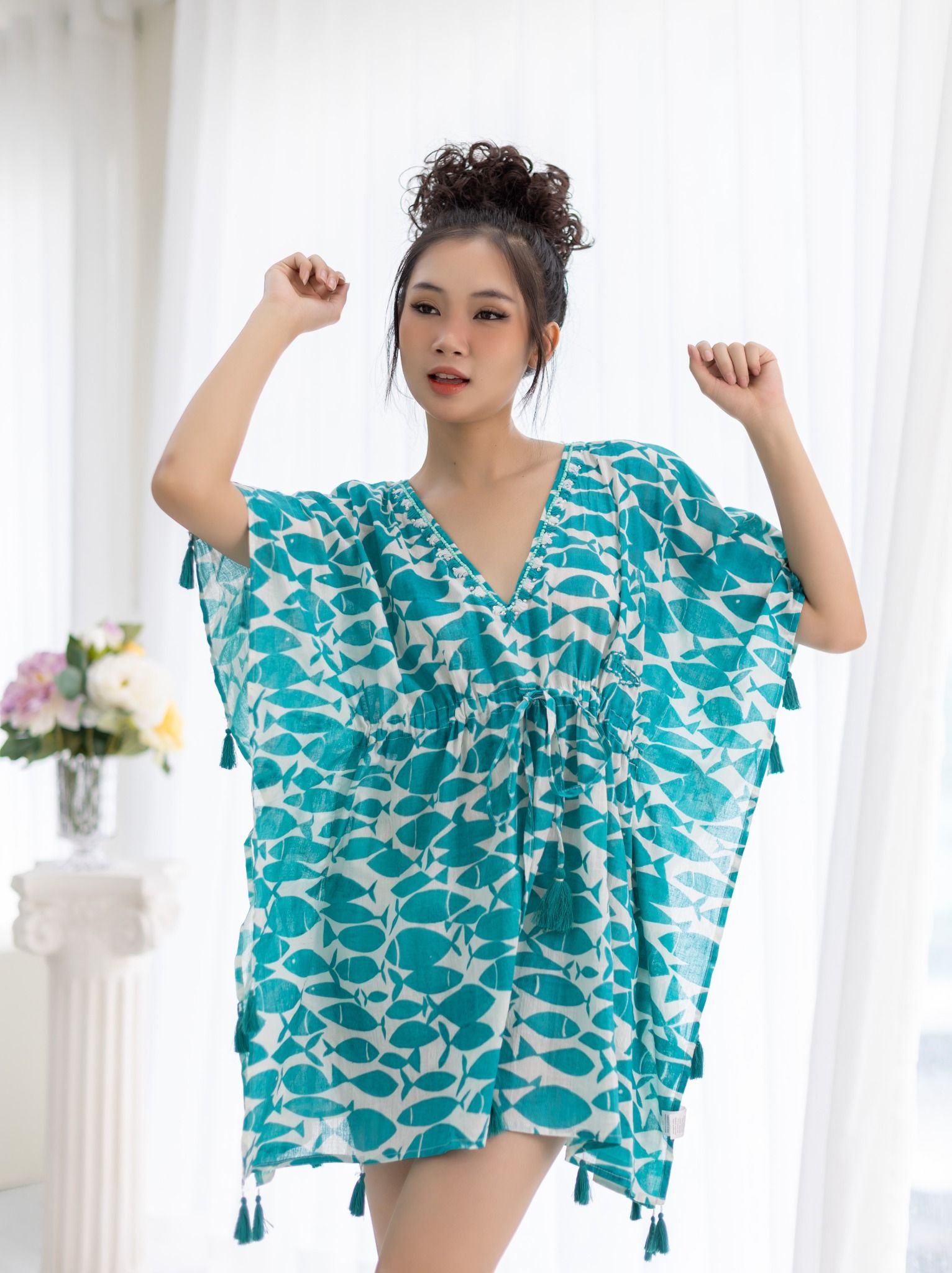 Đầm Kimono Cánh Dơi Kết Cườm Cotton Isla Bonita