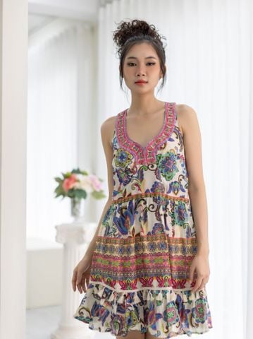  Đầm Boho Cổ Yếm Kết Cườm  Hở Lưng Cotton Isla Bonita 