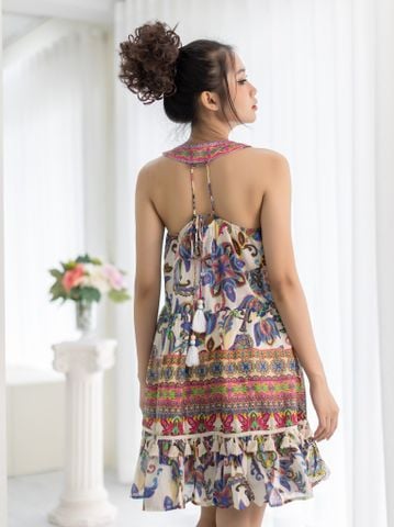  Đầm Boho Cổ Yếm Kết Cườm  Hở Lưng Cotton Isla Bonita 