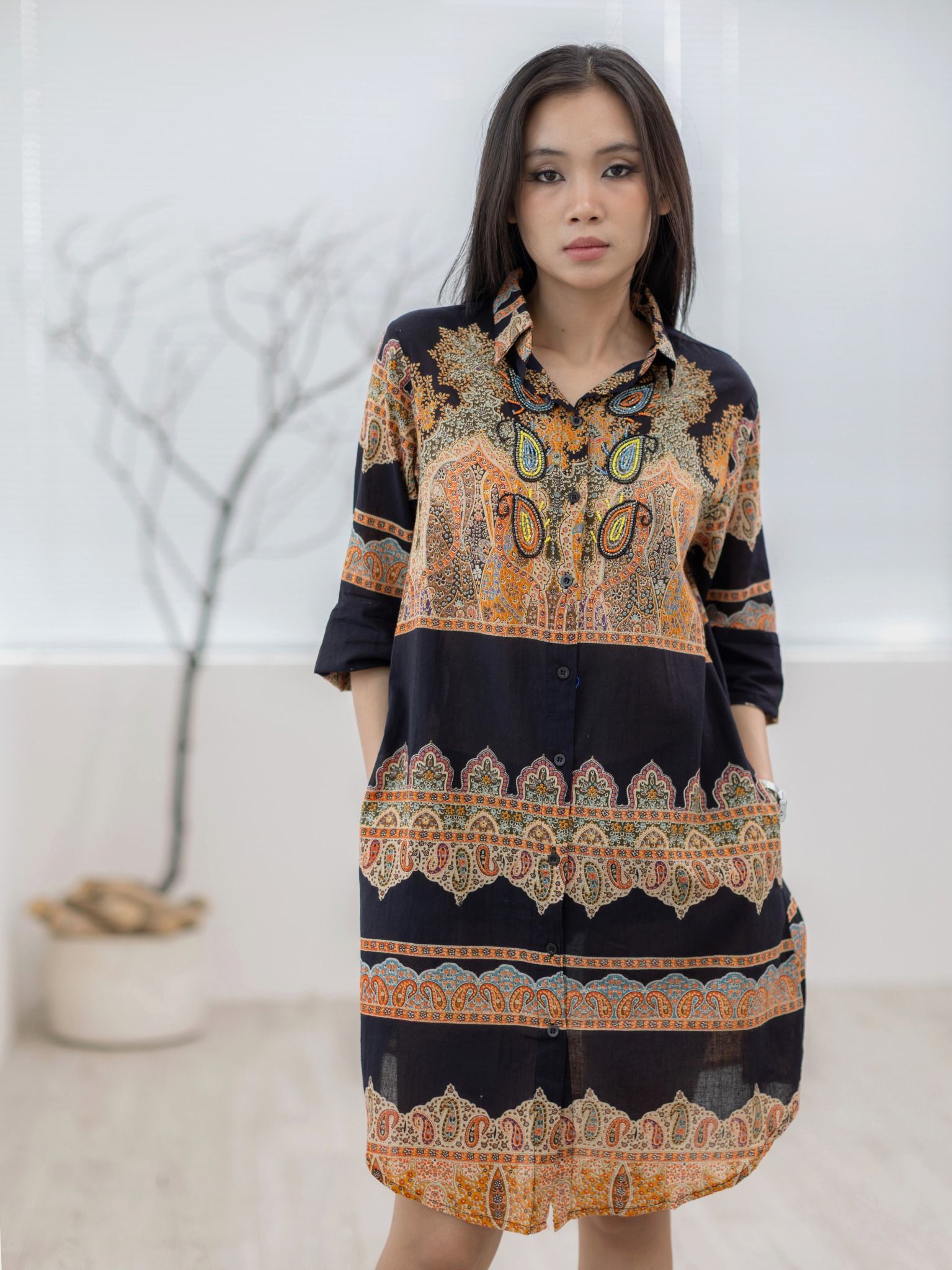 Đầm Sơ Mi Kết Cườm Cotton Isla Bonita