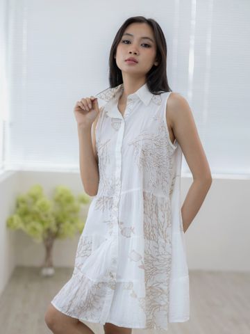  Đầm Sơmi Trắng Vẽ Ánh Kim Kết Cườm Cotton Isla Bonita 