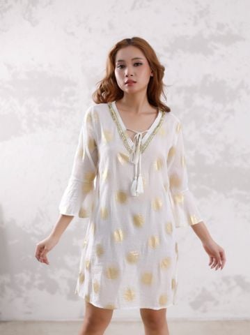  Đầm Trắng Ngà Ibiza Kết Hạt Vẽ Ánh Kim Cotton Isla Bonita 