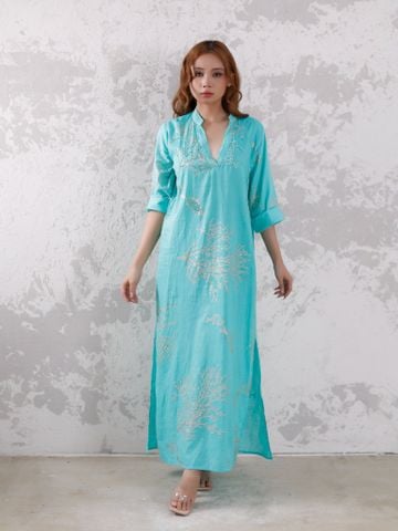  Maxi Xanh Ngọc Kết Cườm Vẽ Ánh Kim Cotton Isla Bonita 