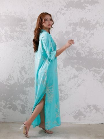  Maxi Xanh Ngọc Kết Cườm Vẽ Ánh Kim Cotton Isla Bonita 