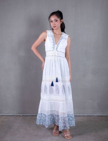  Maxi Trắng Thêu Phối Ren Kết Hạt Cao Cấp Isla Bonita 