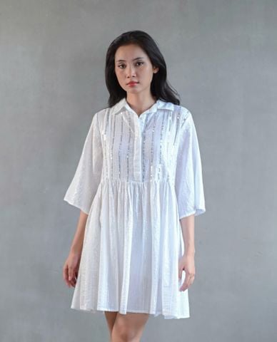  Đầm Sơ Mi Trắng Kết Hạt Ánh Kim Cao Cấp Isla Bonita 