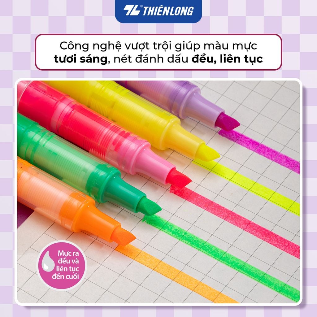 Bút dạ quang Thiên Long HL-020 - Công nghệ Free-ink system mực ra đều liên tục