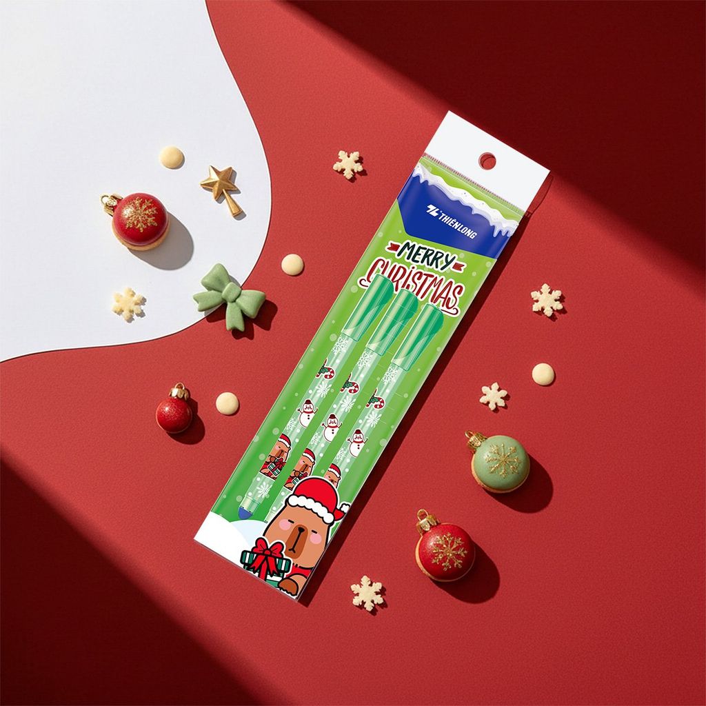 Bút gel xóa được Mazzic Thiên Long Merry Christmas GELE-006/XMAS - Vỉ 3 - Mực Xanh