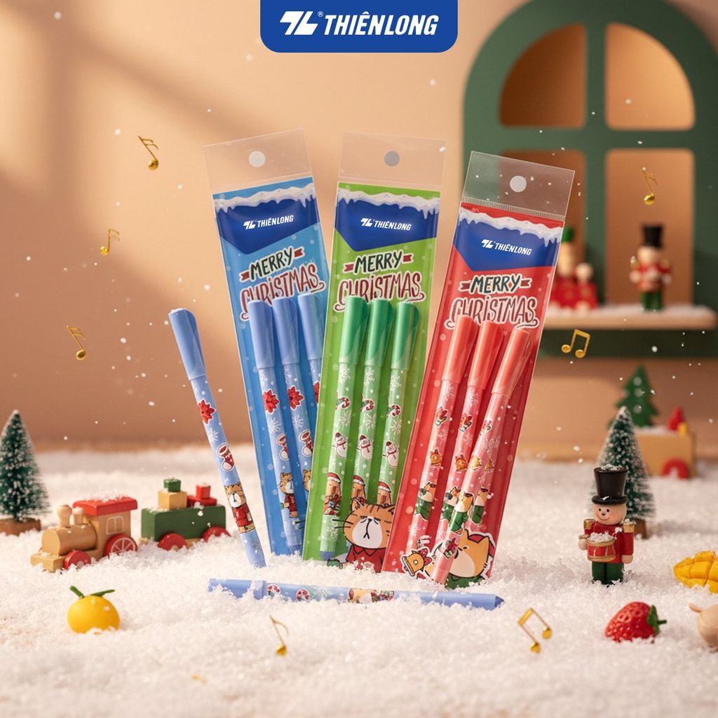 Bút gel xóa được Mazzic Thiên Long Merry Christmas GELE-006/XMAS - Vỉ 3 - Mực Xanh