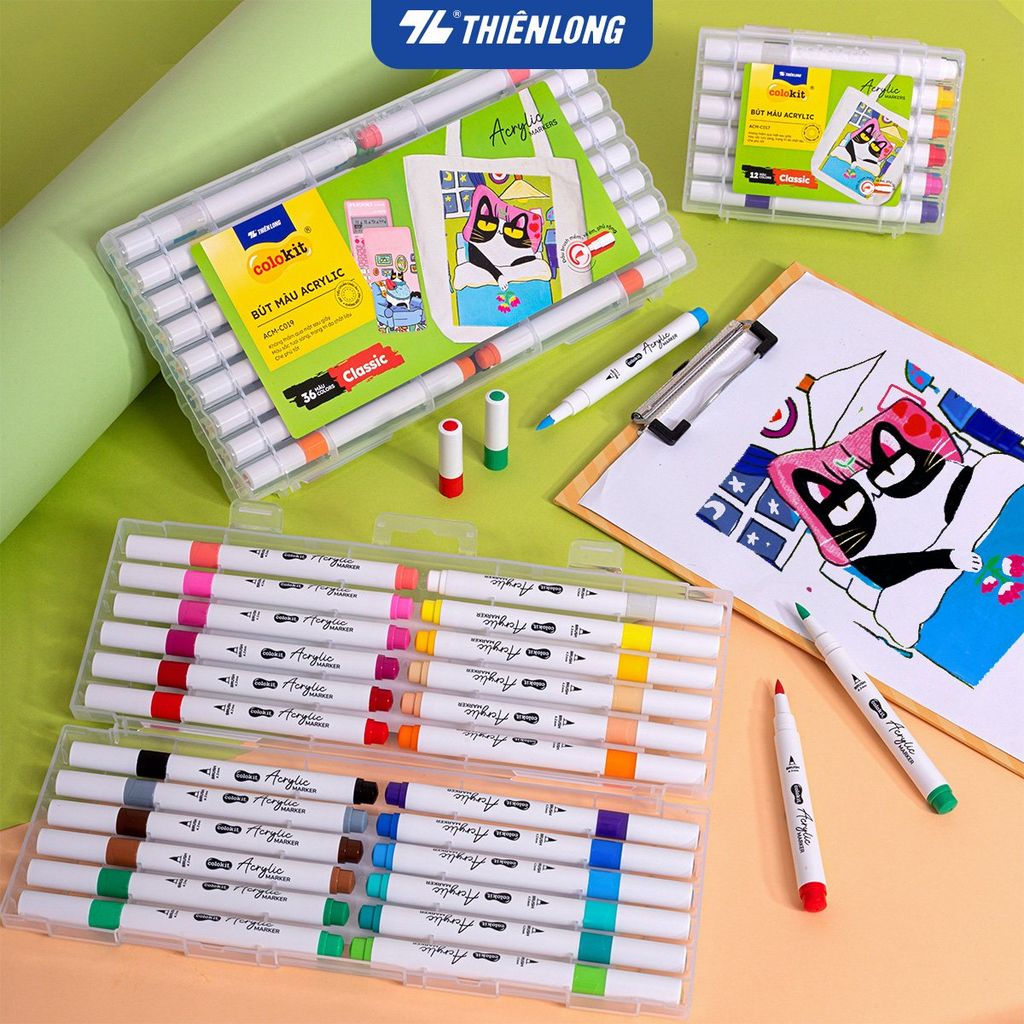 Acrylic Markers/ Bút sơn/ Bút lông 12/24/36 màu ThiênLong Colokit - Màu sắc tươi sáng, Không thấm qua mặt giấy