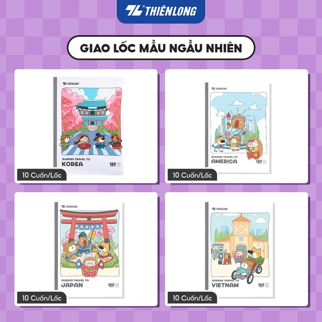 Tập dán gáy 120 trang kẻ ngang 7mm 70 gsm Thiên Long Buddies Travel NB-151