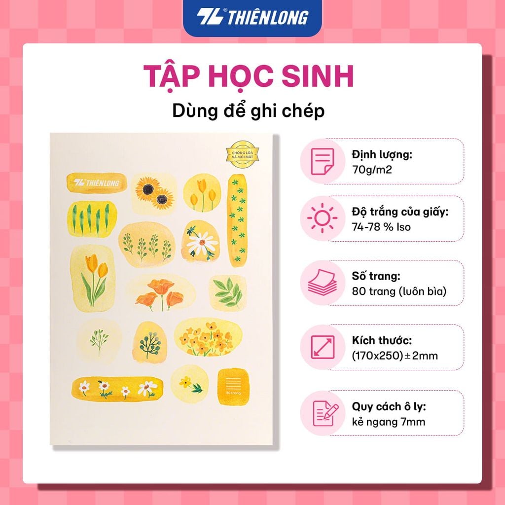 Tập học sinh Thiên Long 80 Trang kẻ ngang 7mm – Giấy 70gsm chống lóa – Khổ 170 x 250mm