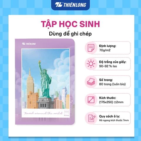 Tập học sinh 80 trang kẻ ngang 7mm 70 gsm Thiên Long Buddies Travel TP-NB103 – Mẫu ngẫu nhiên