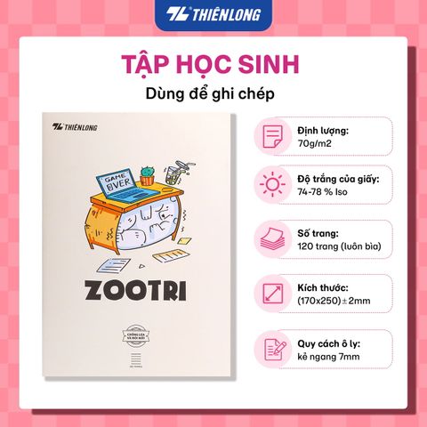 Tập học sinh Thiên Long ZOOTRI 120 trang 70gsm kẻ ngang 7mm NB-142 – Chống lóa, dịu mắt