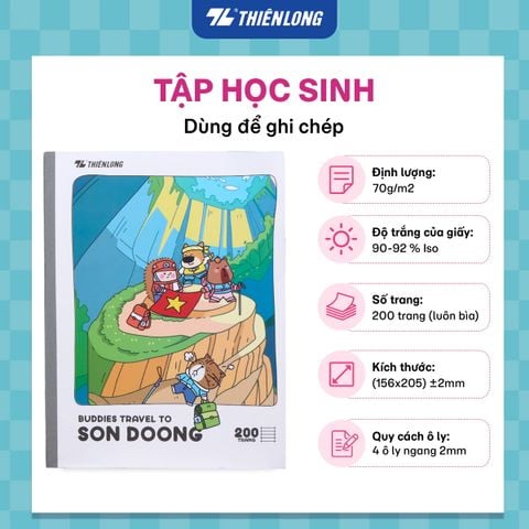 Tập dán gáy 200 trang 4 ô ly ngang 2mm 70 gsm Thiên Long Buddies Travel NB-153 – Mẫu ngẫu nhiên