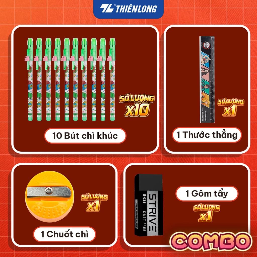 COMBO BÚT CHÌ THIÊN LONG HB/2B/3B/4B BÁM DÍNH TỐT PHÙ HỢP VẼ PHÁC THẢO, LÀM TRẮC NGHIỆM, AN TOÀN TUYỆT ĐỐI - KÈM GÔM, CHUỐT CHÌ, THƯỚC - GIAO MẪU NGẪU NHIÊN