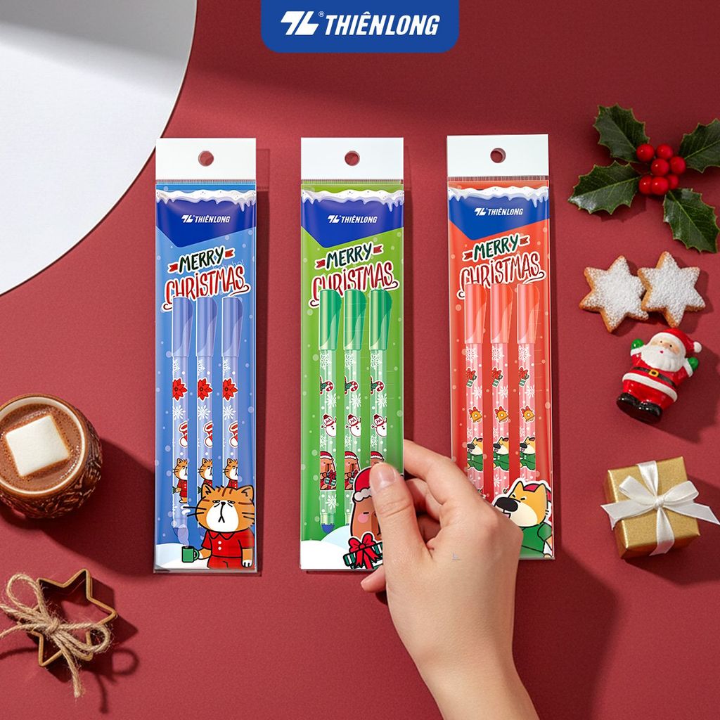 Bút gel xóa được Mazzic Thiên Long Merry Christmas GELE-006/XMAS - Vỉ 3 - Mực Xanh