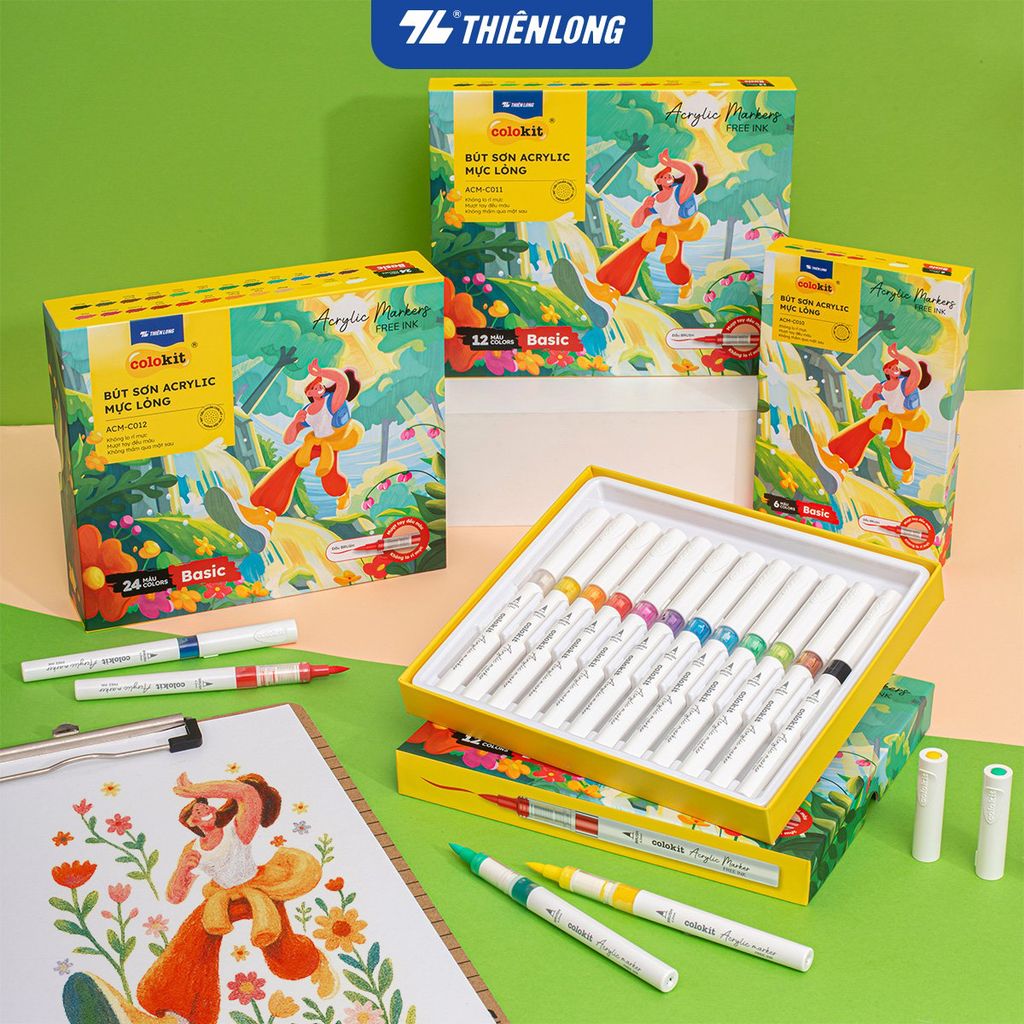 Acrylic Markers Bút sơn/ Bút lông 6/12/24 màu ThiênLong Colokit - Màu sắc tươi sáng, Mượt tay đều màu