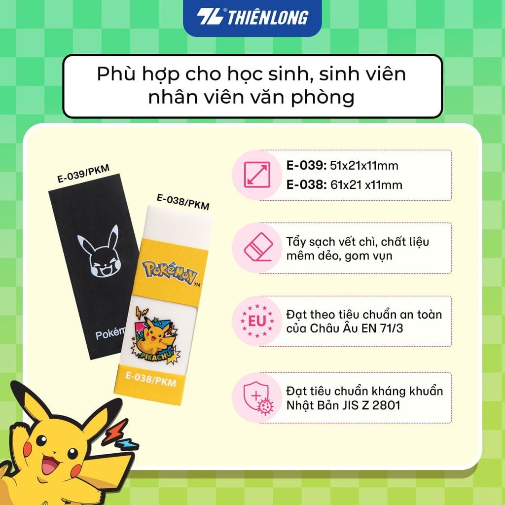 Gôm tẩy Thiên Long Pokémon kháng khuẩn Nhật Bản - Mẫu ngẫu nhiên