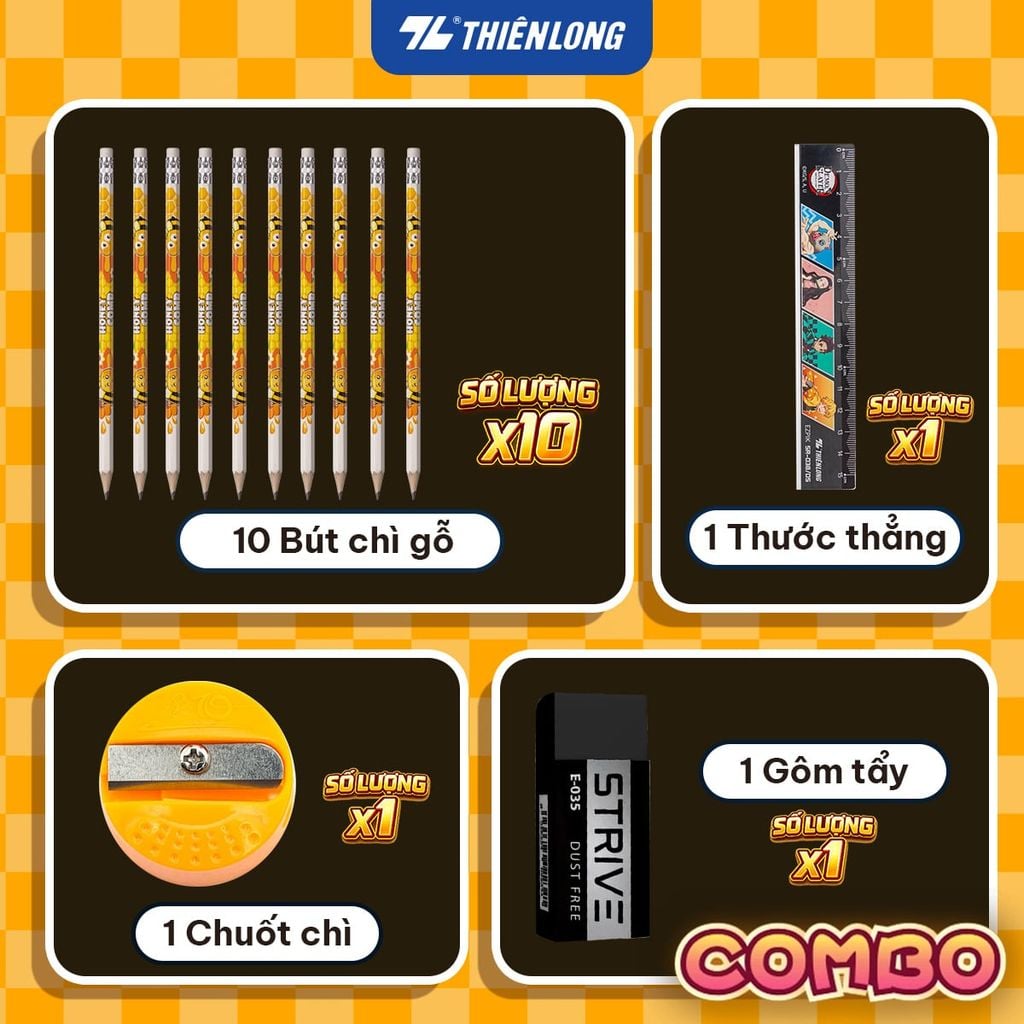 COMBO BÚT CHÌ THIÊN LONG HB/2B/3B/4B BÁM DÍNH TỐT PHÙ HỢP VẼ PHÁC THẢO, LÀM TRẮC NGHIỆM, AN TOÀN TUYỆT ĐỐI - KÈM GÔM, CHUỐT CHÌ, THƯỚC - GIAO MẪU NGẪU NHIÊN