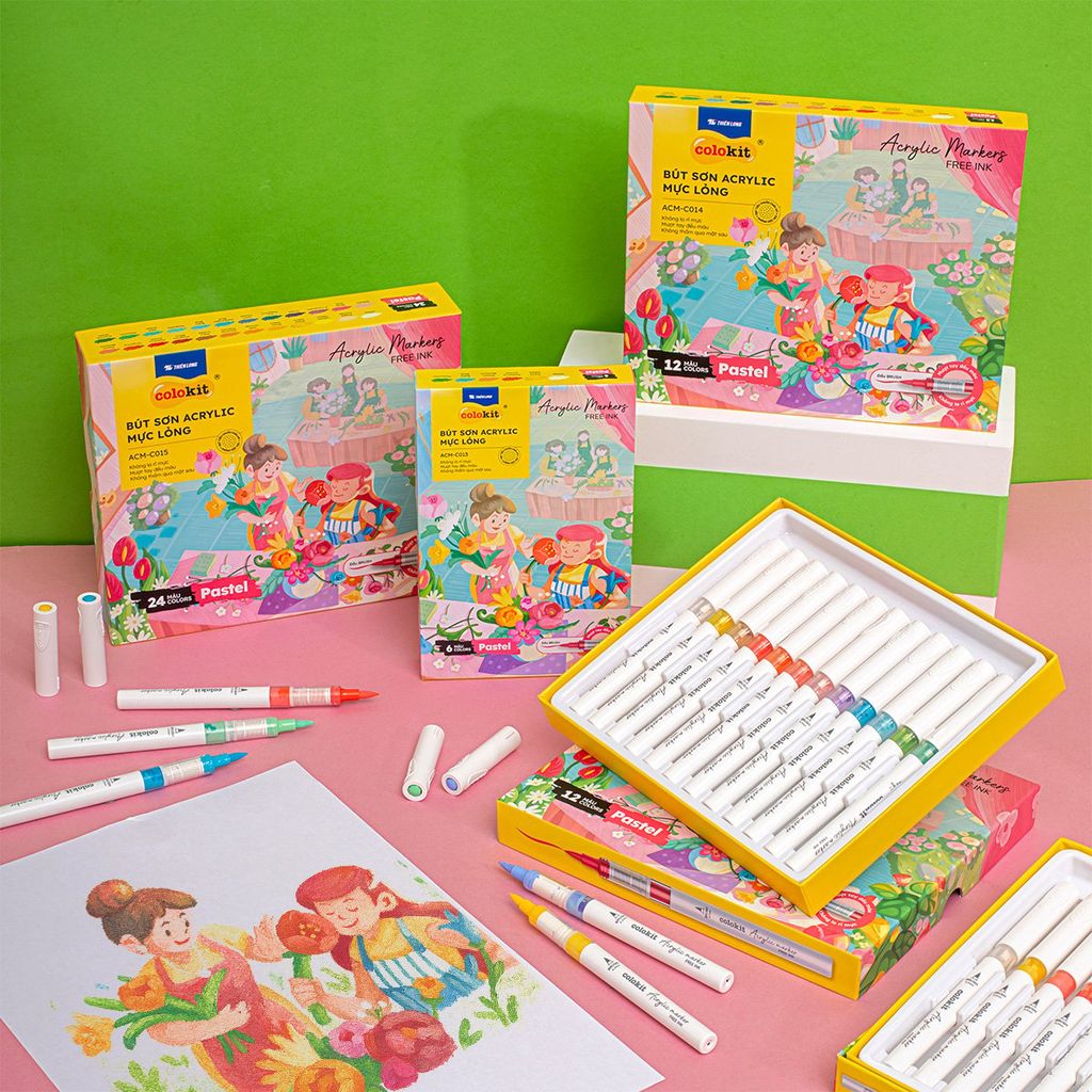 Pastel Acrylic Markers Bút sơn/ Bút lông 6/12/24 màu ThiênLong Colokit - Màu sắc tươi sáng, Mượt tay đều màu