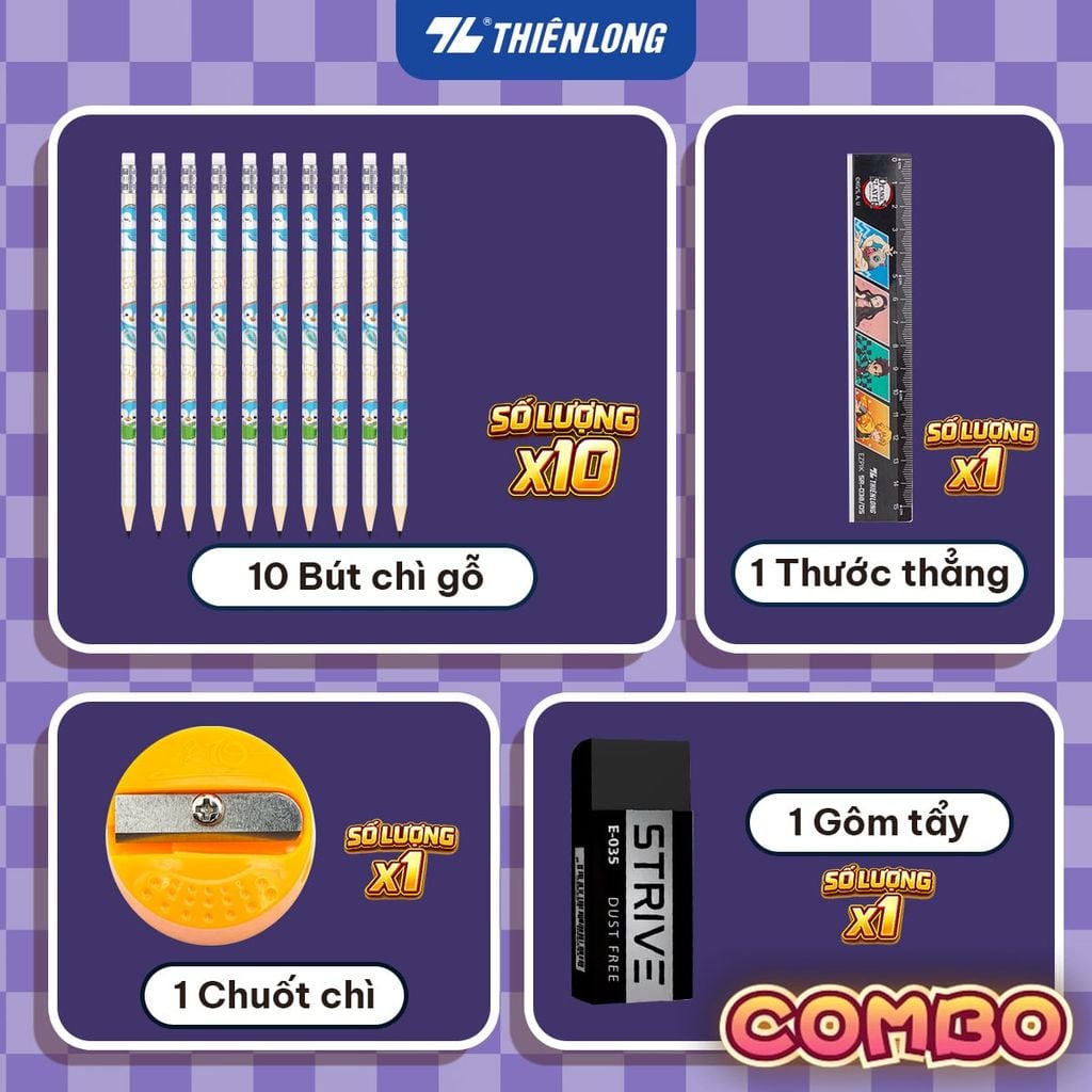 COMBO BÚT CHÌ THIÊN LONG HB/2B/3B/4B BÁM DÍNH TỐT PHÙ HỢP VẼ PHÁC THẢO, LÀM TRẮC NGHIỆM, AN TOÀN TUYỆT ĐỐI - KÈM GÔM, CHUỐT CHÌ, THƯỚC - GIAO MẪU NGẪU NHIÊN