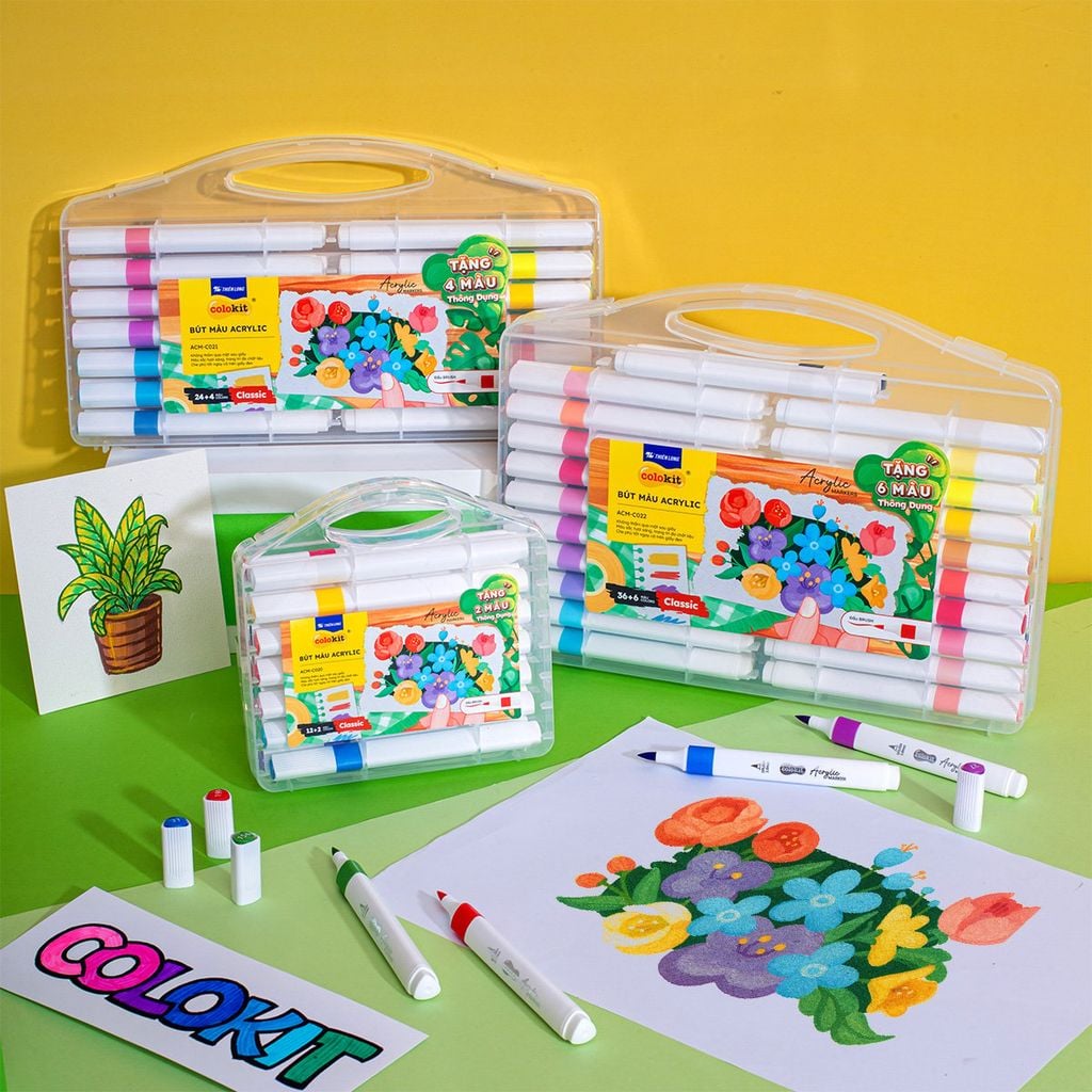 [Tặng 2/4/6 màu] Acrylic Markers/ Bút sơn/ Bút lông 12/24/36 màu ThiênLong Colokit - Màu sắc tươi sáng, Không thấm qua mặt giấy