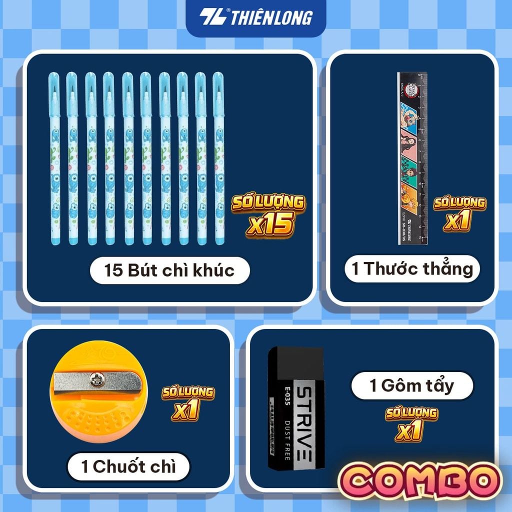 COMBO BÚT CHÌ THIÊN LONG HB/2B/3B/4B BÁM DÍNH TỐT PHÙ HỢP VẼ PHÁC THẢO, LÀM TRẮC NGHIỆM, AN TOÀN TUYỆT ĐỐI - KÈM GÔM, CHUỐT CHÌ, THƯỚC - GIAO MẪU NGẪU NHIÊN