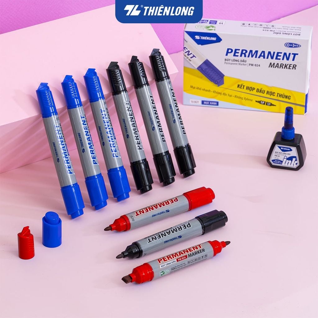 Combo 10 Bút lông dầu Thiên Long 2 đầu mực - Permanent Marker PM-024 - Kết hợp đầu rọc thùng