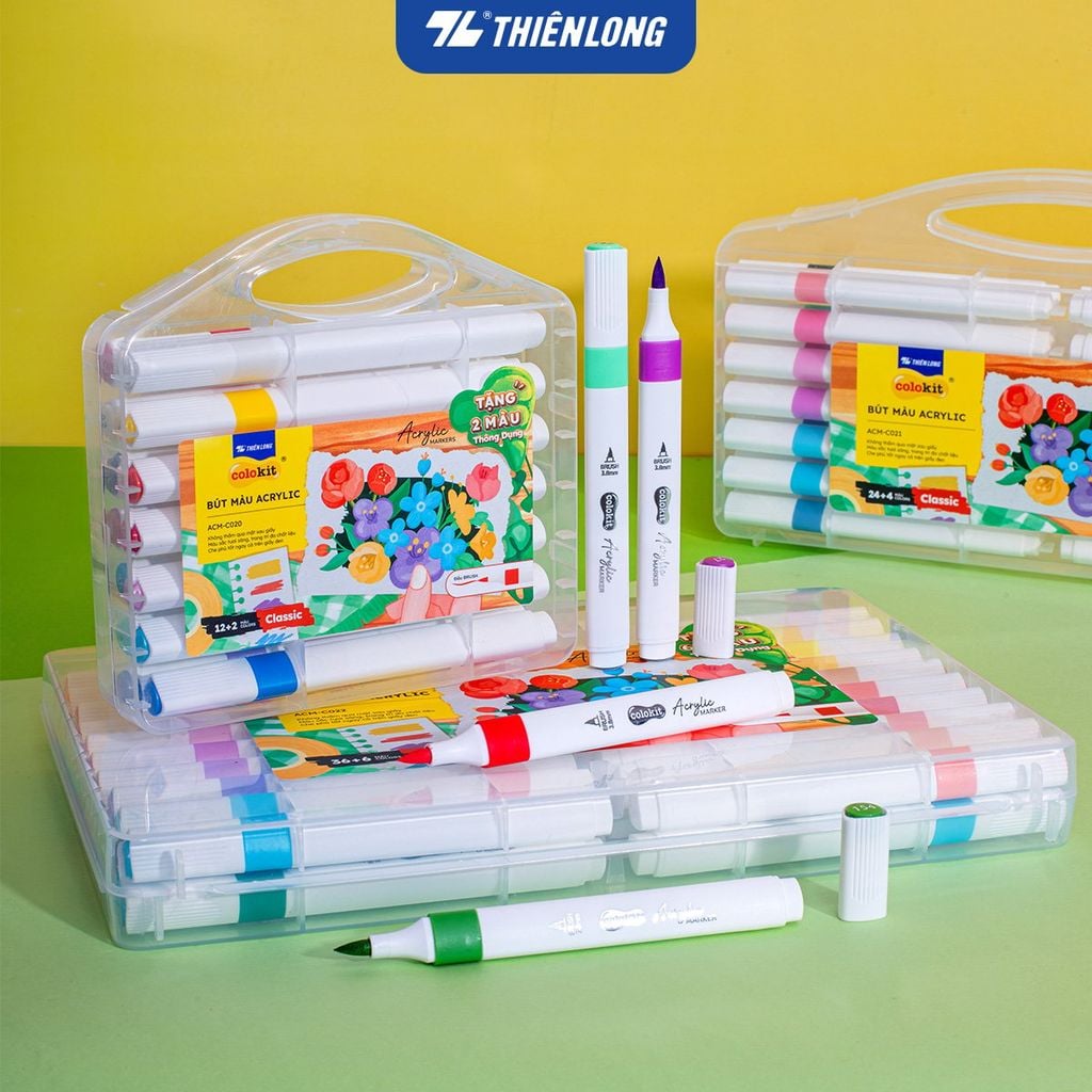 [Tặng 2/4/6 màu] Acrylic Markers/ Bút sơn/ Bút lông 12/24/36 màu ThiênLong Colokit - Màu sắc tươi sáng, Không thấm qua mặt giấy