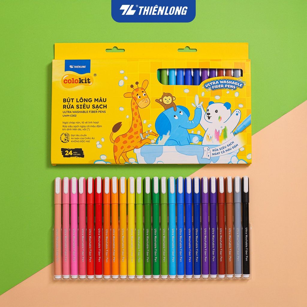 Bút lông 12/24 màu rửa siêu sạch - Ultra Washable Fiber Pen Thiên Long Colokit