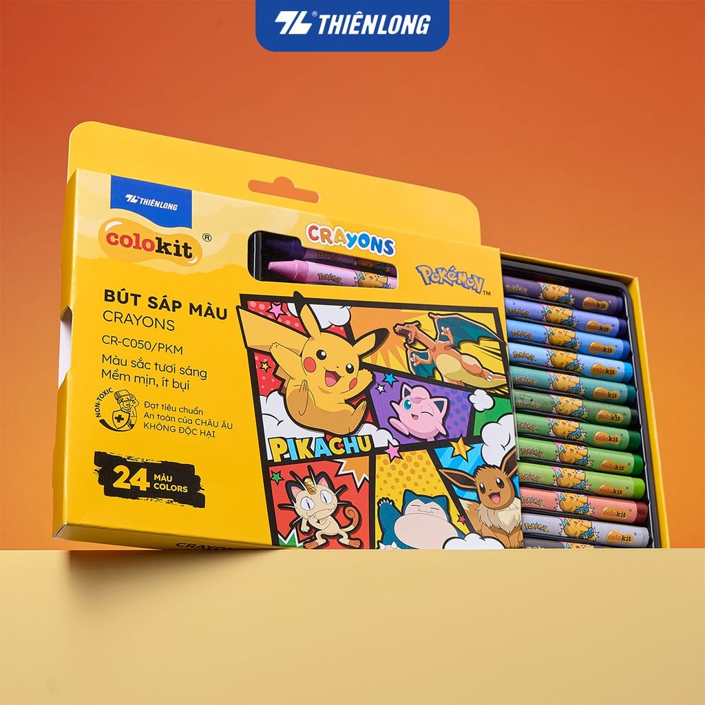 Bút sáp 12/18/24 màu Thiên Long Colokit Pokémon – Màu sắc rực rỡ, an toàn cho bé