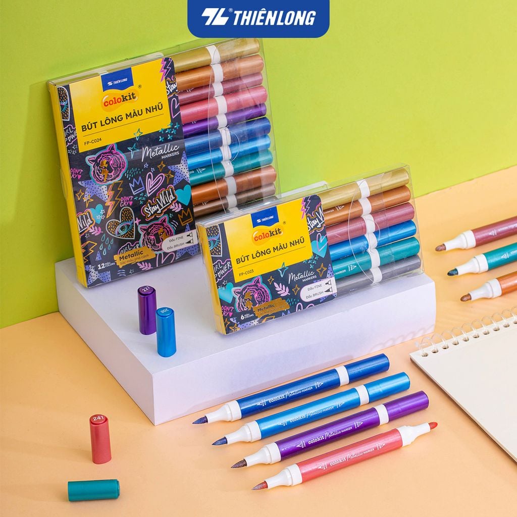 Bút lông 6/12 màu nhũ Fiber Pen Metallic Thiên Long Colokit - Màu nhũ lấp lánh, vẽ được trên giấy đen