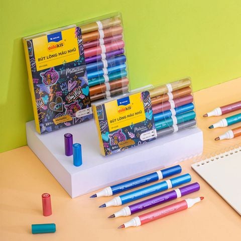 Bút lông 6/12 màu nhũ Fiber Pen Metallic Thiên Long Colokit - Màu nhũ lấp lánh, vẽ được trên giấy đen