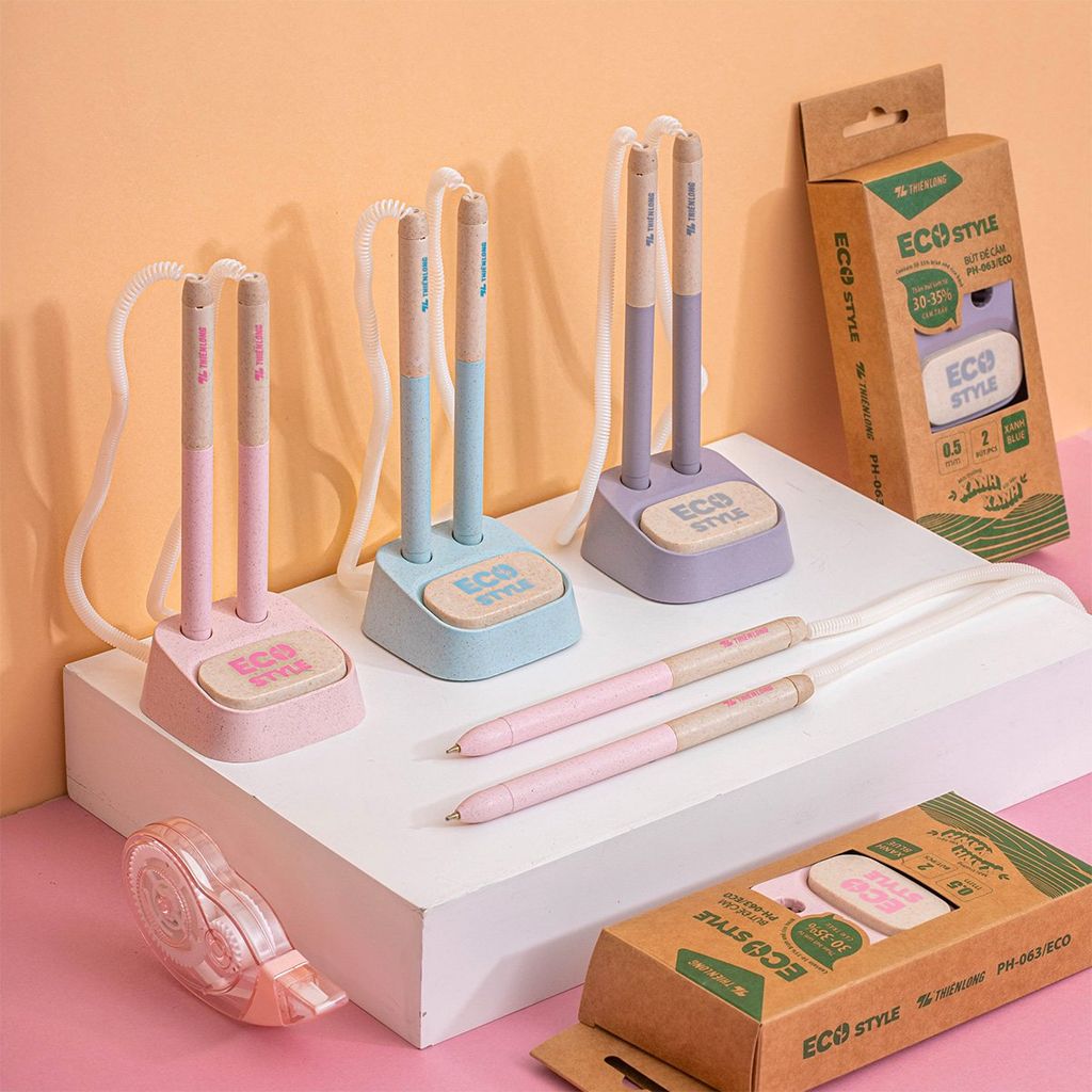 Bút bi đế cắm Thiên Long ECO Style PH-063/ECO - Mực Xanh - Chất liệu từ vỏ cám trấu