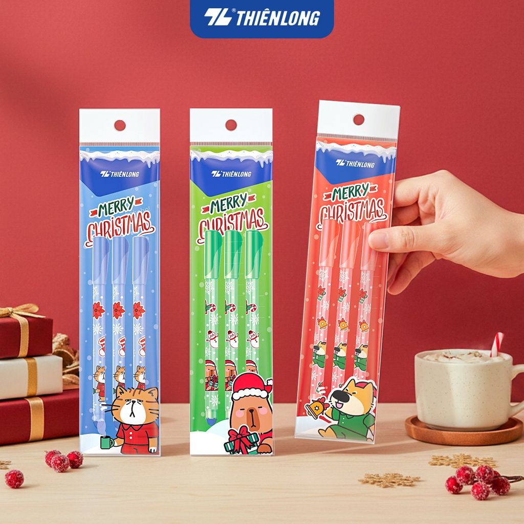Bút gel xóa được Mazzic Thiên Long Merry Christmas GELE-006/XMAS - Vỉ 3 - Mực Xanh