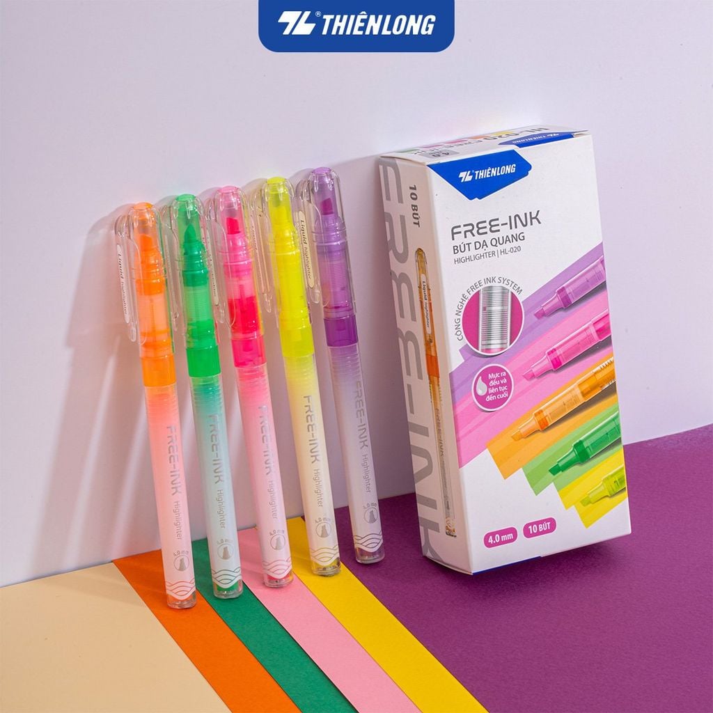 Bút dạ quang Thiên Long HL-020 - Công nghệ Free-ink system mực ra đều liên tục