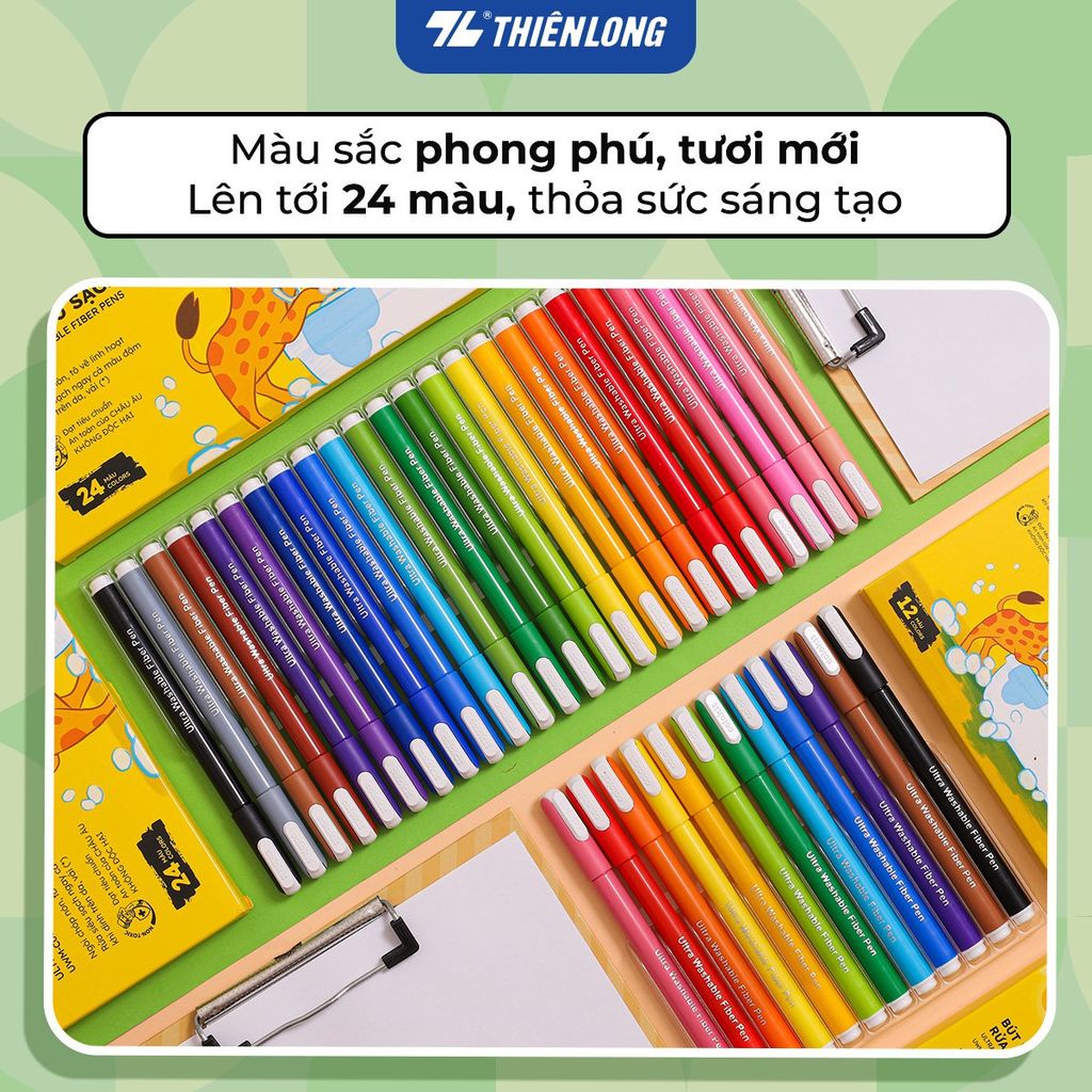 Bút lông 12/24 màu rửa siêu sạch - Ultra Washable Fiber Pen Thiên Long Colokit