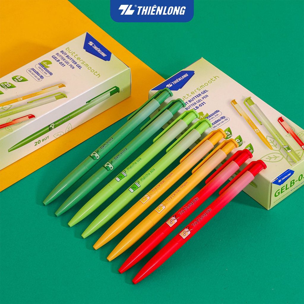 Combo 5/10/20 Bút gel B - Buttersmooth Gel Thiên Long GELB-031 - Premium Tip viết êm, trơn - Mực Xanh - Phiên bản Trà - Thân ngẫu nhiên