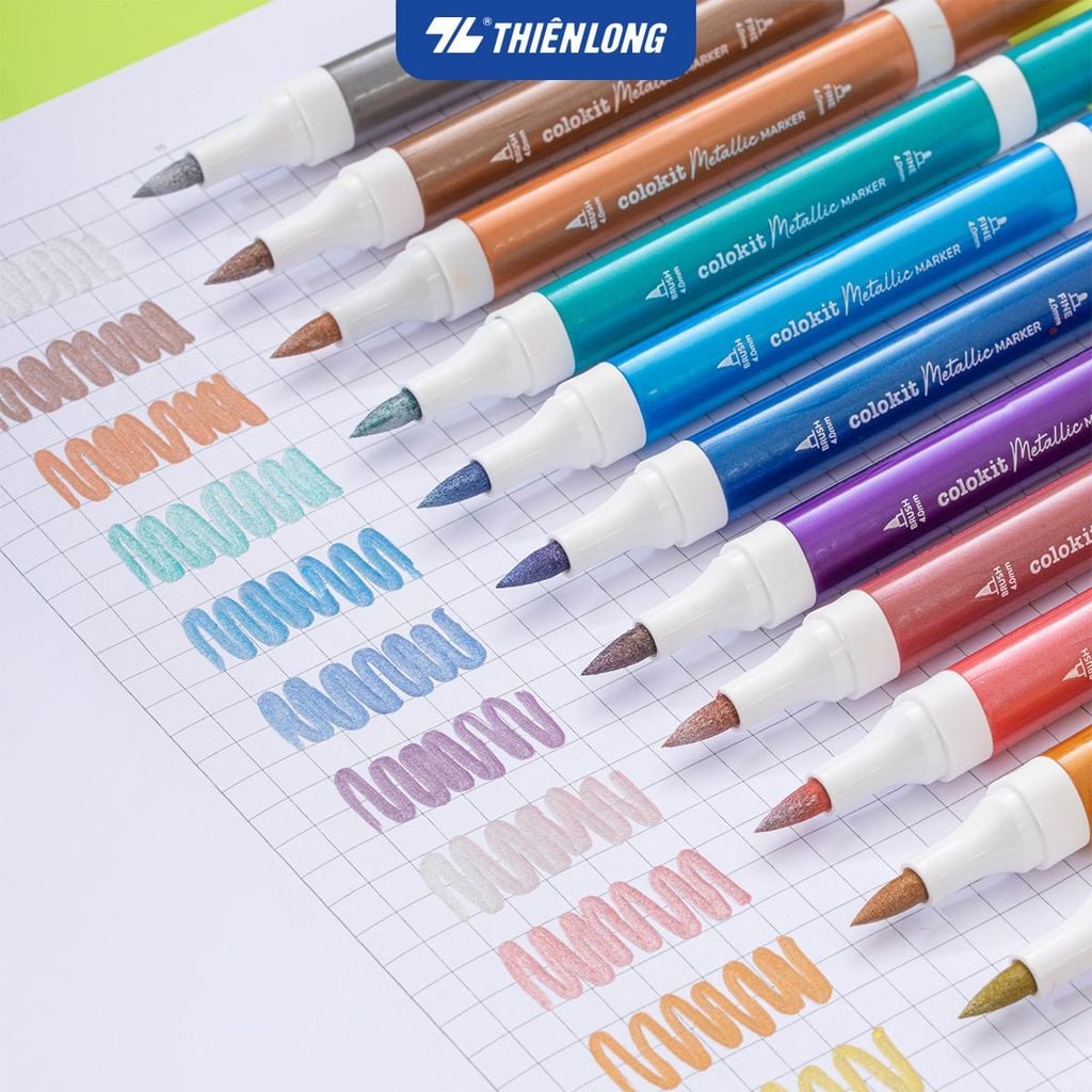 Bút lông 6/12 màu nhũ Fiber Pen Metallic Thiên Long Colokit - Màu nhũ lấp lánh, vẽ được trên giấy đen