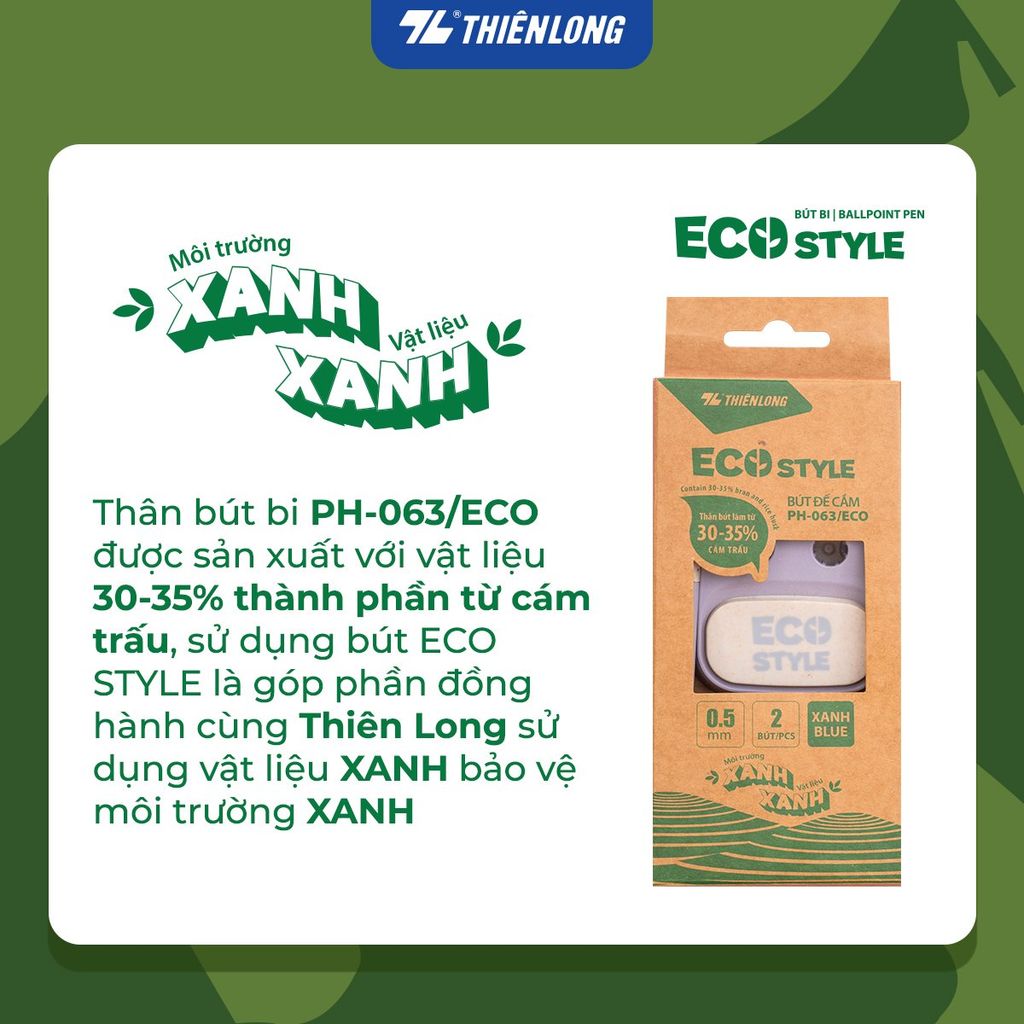 Bút bi đế cắm Thiên Long ECO Style PH-063/ECO - Mực Xanh - Chất liệu từ vỏ cám trấu