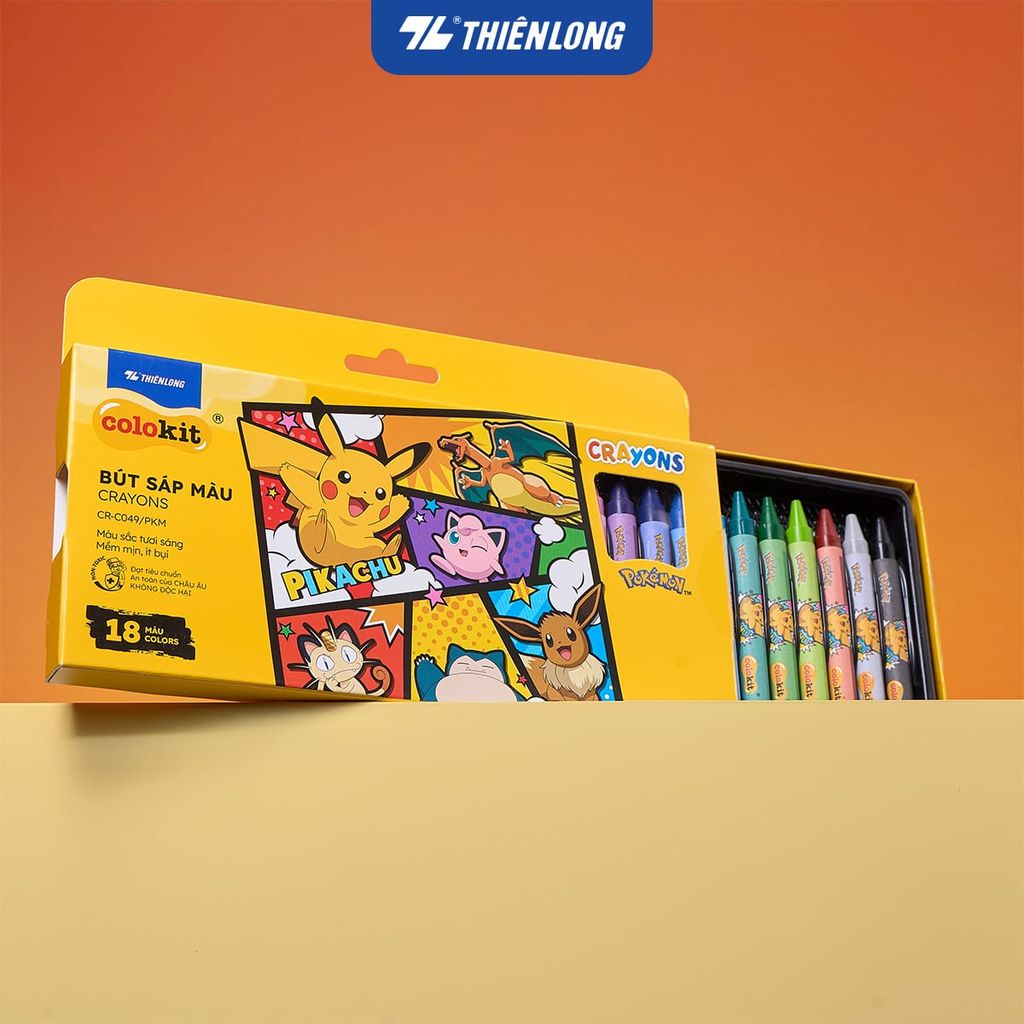 Bút sáp 12/18/24 màu Thiên Long Colokit Pokémon – Màu sắc rực rỡ, an toàn cho bé