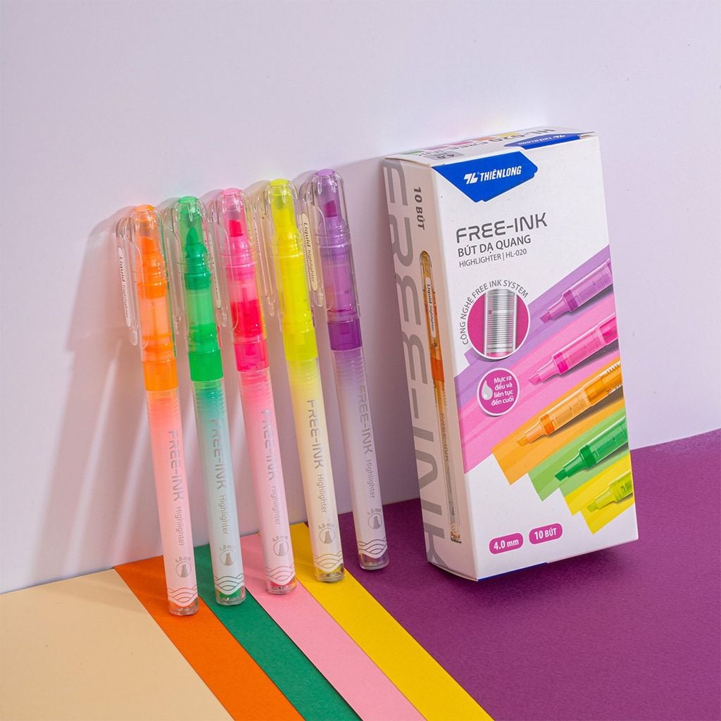 Bút dạ quang Thiên Long HL-020 - Công nghệ Free-ink system mực ra đều liên tục