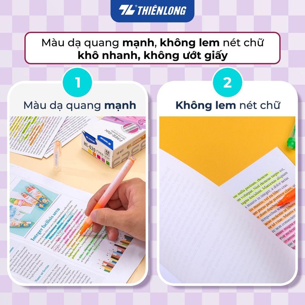 Bút dạ quang Thiên Long HL-020 - Công nghệ Free-ink system mực ra đều liên tục
