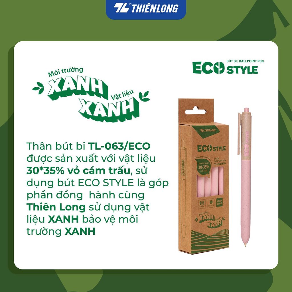 Bút bi Thiên Long ECO Style TL-063/ECO - Mực Xanh - Chất liệu từ vỏ cám trấu